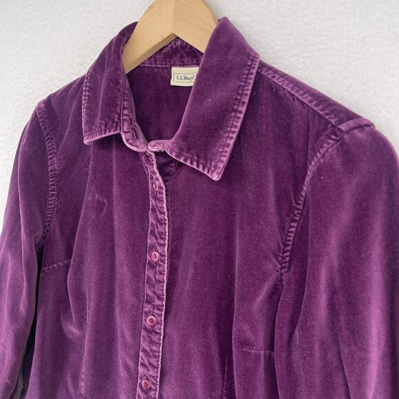 LL BEAN Shirt Womens S Velvet Button Up Long Sleeve Shacket Cotton Purple - Picture 7 of 12